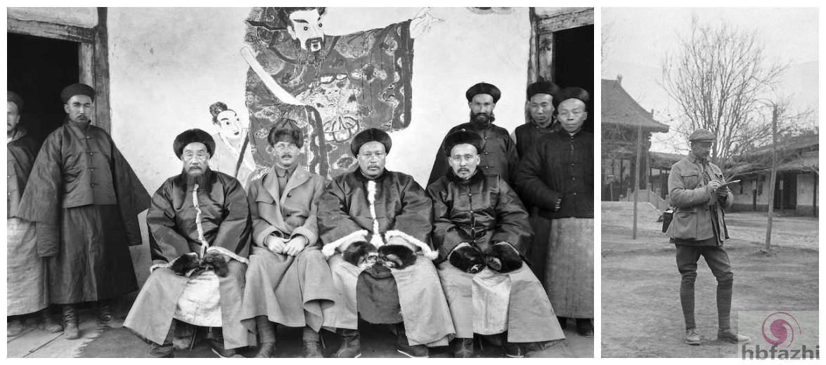 三：曼纳海姆在新疆考察期间与地方官员合景，右图是曼纳海姆在兰州